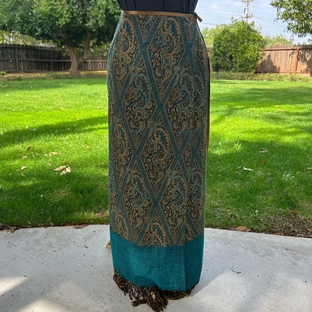 Vintage Karen Kane Wool A-Line Wrap Paisley Skirt with Fringe Size M/L